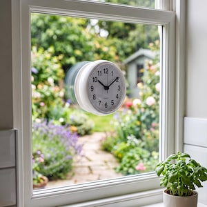 May include: A round white analog wall clock with a suction cup mount attached to a window pane. The clock face features a white background, black Arabic numerals from 1 to 12, black hour and minute hands, a thin black second hand, and the word QUARTZ.