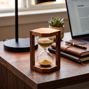 May include: A wooden hourglass with a hexagonal frame and clear glass bulbs containing fine golden sand. The structure features a natural wood grain finish, connecting a top and bottom hexagonal base with vertical wooden supports.
