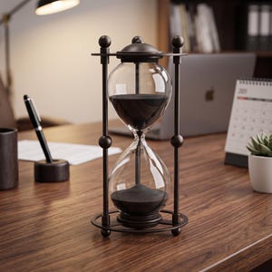 May include: An hourglass featuring a dark brown metal frame with four vertical pillars and circular accents. The clear glass bulbs contain fine black sand, with a portion of the sand currently resting in the bottom bulb of the device.