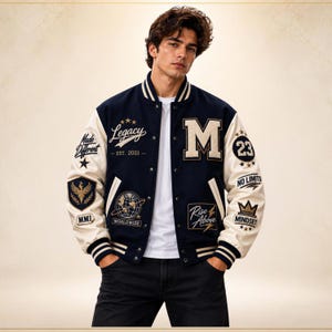 Custom Varsity Jacket Men, Navy Blue and Cream Letterman Jacket with Patches, Personalized Chenille Letter M Baseball Jacket, Gift for Him