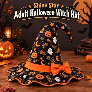 May include: A black witch hat featuring an orange band and a bow, decorated with a pattern of orange pumpkins, white ghosts, yellow stars, and crescent moons. The text Shine Star Adult Halloween Witch Hat is displayed above the hat.
