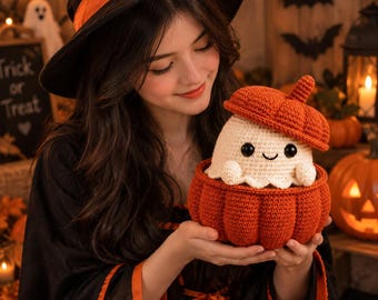 Handmade Crochet Ghost In Pumpkin -Halloween Decor And Candy Holder