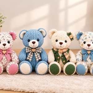 May include: Four plush teddy bears sitting in a row. The first is floral with a pink bow, the second is blue with a plaid bow, the third is cream with a green vest and scarf, and the fourth is floral with a blue bow. Each has a small wooden button.