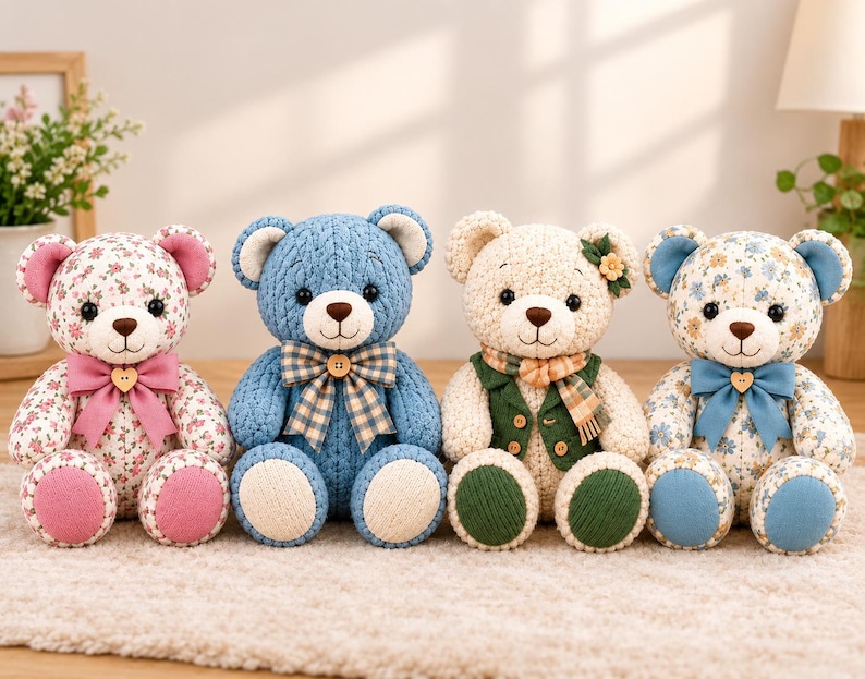 May include: Four plush teddy bears sitting in a row. The first is floral with a pink bow, the second is blue with a plaid bow, the third is cream with a green vest and scarf, and the fourth is floral with a blue bow. Each has a small wooden button.