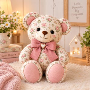 Peut inclure: Un ours en peluche en tissu crème avec un motif floral rose et vert. L'ours présente du tissu rose uni sur l'intérieur des oreilles et la plante des pieds, un nez brodé marron et un grand nœud rose au cou orné d'une petite breloque en forme de cœur.