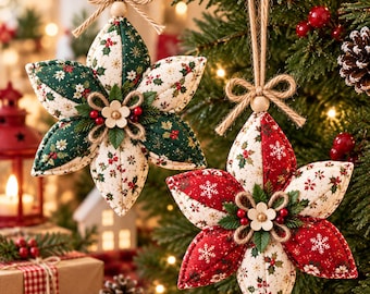 Handmade Poinsettia Christmas Ornament Fabric Flower Tree Ornament Quilted Holiday Decor Rustic Christmas Tree Decoration Red White Ornament