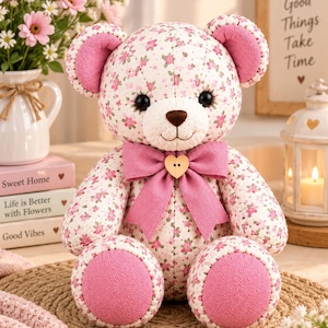 May include: A stuffed teddy bear featuring a white fabric body with a pink and green floral pattern. The bear has solid pink textured fabric on its ears and feet, black eyes, a brown nose, and a pink bow at the neck with a heart-shaped button.