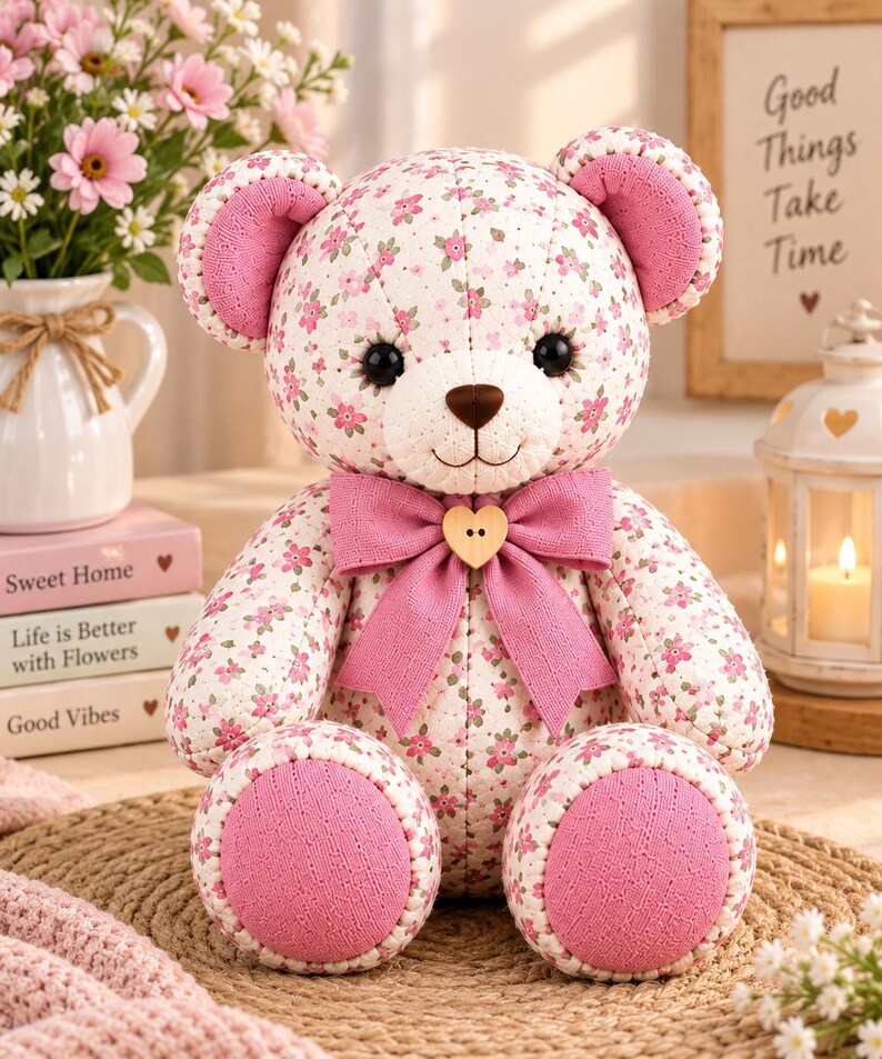 May include: A stuffed teddy bear featuring a white fabric body with a pink and green floral pattern. The bear has solid pink textured fabric on its ears and feet, black eyes, a brown nose, and a pink bow at the neck with a heart-shaped button.
