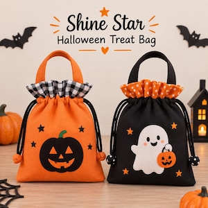 May include: Two Halloween treat bags with drawstring closures. The orange bag features a black jack-o'-lantern and black-and-white checkered trim. The black bag features a white ghost holding a small pumpkin and orange polka-dot trim.