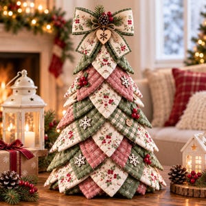 Op de afbeelding: Een decoratieve stoffen kerstboom opgebouwd uit gelaagde, doorgestikte driehoekige lappen in saliegroen, crème en gedempt rood. De boom is versierd met kleine houten sneeuwvlokornamenten, rode bessenclusters en een grote stoffen strik als piek.
