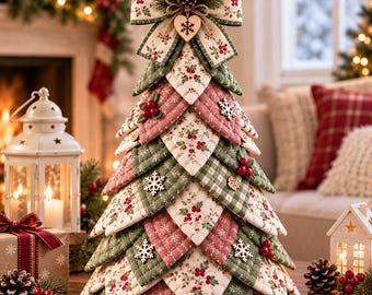 Quilted Christmas Tree, Handmade Tabletop Tree Decor, Farmhouse Holiday Centerpiece