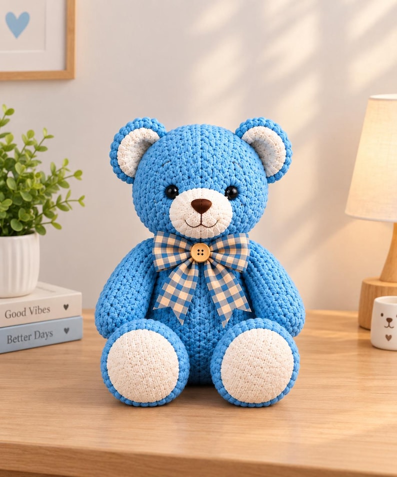 May include: A crocheted teddy bear in bright blue yarn with white accents on the ears and feet. The bear features black plastic eyes, a brown stitched nose, and a blue and beige checkered bow tie secured with a small wooden button at the neck.