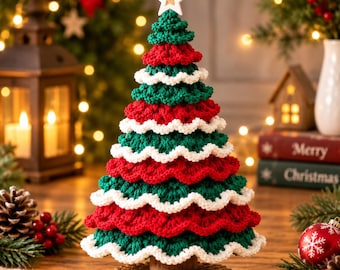 Crochet Christmas Tree Pattern PDF, Festive Tabletop Decor, Layered Ruffle Tree (Digital Download)
