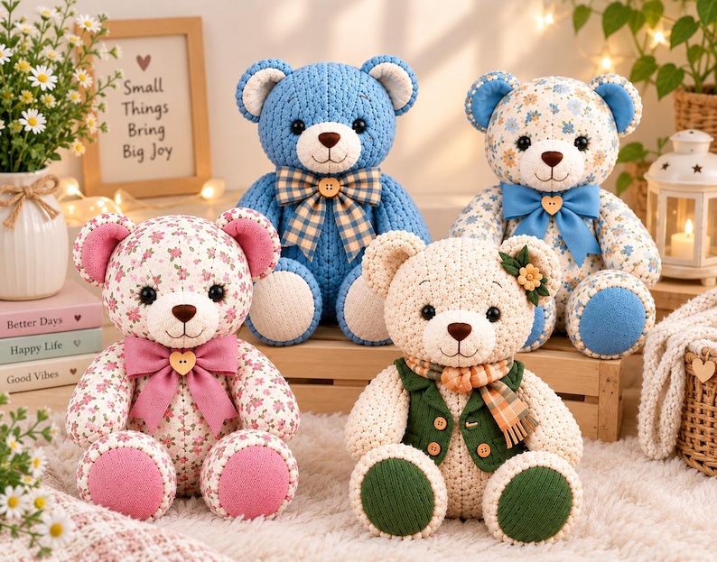 May include: Four plush teddy bears in various designs. One is solid blue with a plaid bow, one is floral with a pink bow, one is floral with a blue bow, and one is cream-colored with a green vest, scarf, and a small flower on its head.