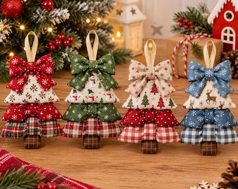 Fabric Christmas Tree Ornaments, Handmade Hanging Tree Decor, Quilted Holiday Decorations, Christmas tree