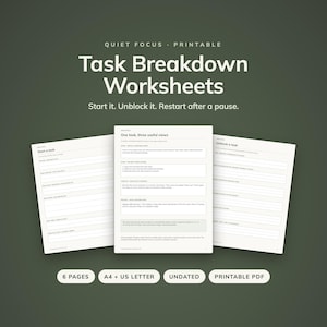 Puede incluir: Un conjunto de hojas de trabajo imprimibles para desglosar tareas, con tres páginas blancas con texto en negro. Las páginas incluyen secciones tituladas Start a task, One task, three useful views y Unblock a task. Las etiquetas inferiores indican 6 pages, A4 + US Letter, undated y printable PDF.