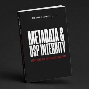 May include: A black book titled Metadata & DSP Integrity by Big Soph / Sophie Steele. The cover features bold white text for the title and red text for the subtitle: Basics: ISRC, UPC, ISWC, and Clean Delivery. The spine also displays the title.