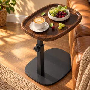 C Shaped Side Table Adjustable Height, Slide Under Sofa End Table, Laptop Snack TV Tray Table for Couch, Bed, Recliner, Walnut or Black