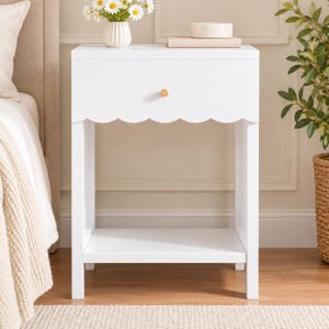 White Scalloped Nightstand with Drawer, Cute Girls Bedroom Bedside Table, Nursery Side Table, Small Space End Table with Open Shelf