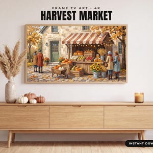 Arte Frame TV Otoño, Mercado de la Cosecha, Calabazas, Manzanas y Girasoles, Estilo Pintura con Espátula, Frame TV 4K