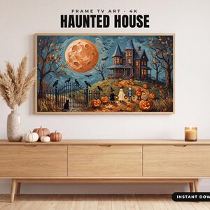 Arte Frame TV Halloween, Casa Embrujada en la Colina, Luna Naranja y Calabazas, Estilo Pintura con Espátula Vintage, Samsung Frame TV 4K