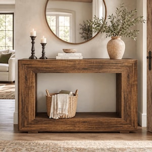 Peut inclure: Une console rectangulaire en bois avec une finition brun foncé et un cadre épais. Le dessus supporte deux bougeoirs noirs avec des bougies blanches, un petit bol, deux livres empilés marqués KINFOLK et AT HOME, et un vase texturé.