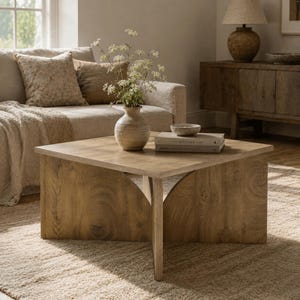 Op de afbeelding: Een vierkante houten salontafel met een lichtbruine afwerking en een onderstel met twee gebogen, boogvormige panelen. Op het tafelblad staat een beige keramische vaas gevuld met witte bloemen, een kleine kom en twee op elkaar gestapelde boeken.