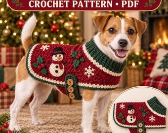 Patrón de ganchillo en PDF para abrigo navideño de perro, suéter para perro pequeño, atuendo navideño de muñeco de nieve para mascotas, guía ilustrada con términos estadounidenses.