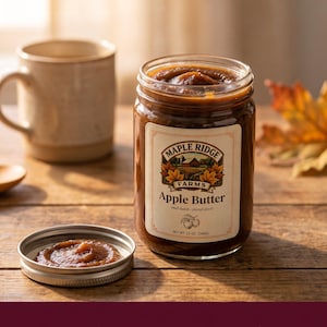 May include: A glass jar of Maple Ridge Farms Apple Butter with a metal lid containing a small portion of the brown spread. The label reads: Upgrade Your Morning Breakfast Routine With Thick, Spoonable Fall Flavor. Apple Butter. NET WT 12 OZ (340G).