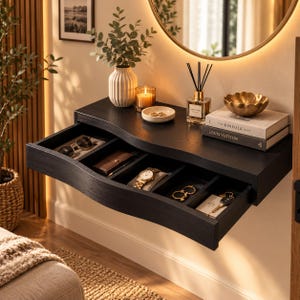 Peut inclure: Une console murale flottante noire avec un bord avant incurvé et un tiroir large divisé en cinq compartiments. Le tiroir contient des lunettes de soleil, un portefeuille, une montre-bracelet, des bijoux et des clés. Le dessus porte un vase, une bougie et des livres.