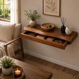 Estante flotante de nogal con cajón oculto, organizador de pared con borde natural, escritorio de pared de madera maciza, mesita de noche hecha a mano,