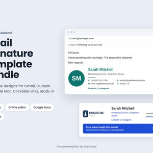 May include: An email signature template bundle featuring six editable designs for Gmail, Outlook, and Apple Mail. The graphic displays text including Email Signature Template Bundle, 6 designs, Online editor, Google Docs, and Icon pack, alongside two email signature examples for Sarah Mitchell.