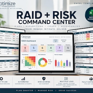 May include: A digital RAID and Risk Command Center Excel template displayed on a laptop screen, featuring a central RAID dashboard with colorful charts, risk heatmaps, and various logs for risks, assumptions, issues, dependencies, and decisions.