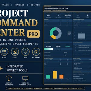 May include: Project Command Center Pro Excel template featuring a dark blue dashboard with gold text. The interface displays project metrics, a donut chart, budget summaries, and task status tables. Includes icons for dashboards, plans, and Gantt charts.
