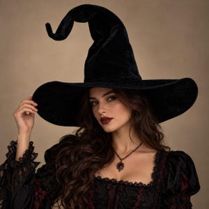 May include: A tall, black velvet witch hat with a wide, curved brim and a pointed, slightly drooping top. The hat features a textured, crushed velvet fabric that catches the light, creating deep shadows and highlights across its surface.