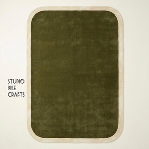 Olive Green Rounded Area Rug 8x10 Hand-Tufted Wool Carpet | Modern Minimalist Cream Border Organic Shape Floor Mat for Living Room, Bedroom
