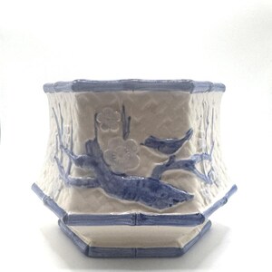 Vintage INARCO Japan Blue White Hexagonal Planter Birds Flowers Bamboo MCM