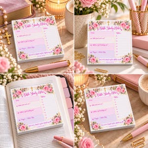 May include: A square notepad titled Bible Study Notes with pink floral borders, featuring sections for Verse, What stood out to me, What is God teaching me, Prayer/Action Step, and Notes, with the text Psalm 119:105 at the bottom.