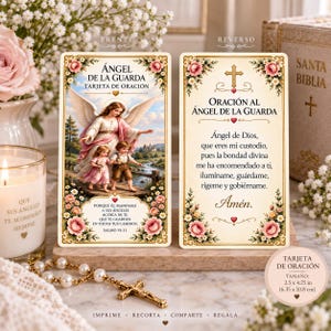 May include: A rectangular prayer card featuring a front side with an illustration of a guardian angel with two children and the text 'ÁNGEL DE LA GUARDA', and a reverse side with the text 'ORACIÓN AL ANGEL DE LA GUARDA'. Size is 6.35 x 10.8 cm.