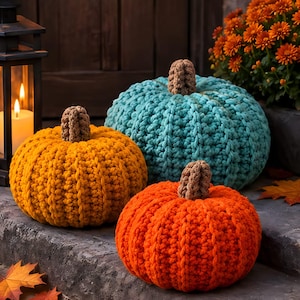 May include: Three round, crocheted pumpkins in bright orange, mustard yellow, and teal blue. Each pumpkin features a thick, textured yarn construction with vertical ridges and a small, brown, cylindrical stem attached to the top centre.
