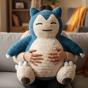 Può includere: Un grande peluche lavorato all'uncinetto a mano che raffigura il personaggio Snorlax. La figura presenta un corpo blu intenso con pancia e viso color crema, piccole orecchie a punta e macchie circolari marrone scuro sulle piante dei piedi.