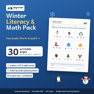Könnte beinhalten: Ein digitales Winter-Lese- und Mathe-Paket von Bright Path mit 30 druckbaren Seiten für Vorschule bis Klasse 1. Der blaue Hintergrund zeigt ein Arbeitsblatt mit dem Titel Winter Sounds und neun Abbildungen, darunter ein Schneemann.