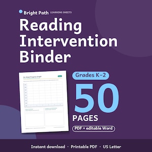 Op de afbeelding: Een digitale Reading Intervention Binder leerbladen set met een paarse achtergrond. De tekst luidt Bright Path Learning Sheets, Reading Intervention Binder, Grades K-2, 50 Pages, PDF + editable Word, Instant download, Printable PDF, US Letter.