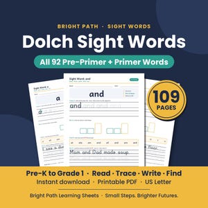 Dolch Sight Words Worksheets, 92 Pre-Primer and Primer High Frequency Words, Pre-K Kindergarten PDF