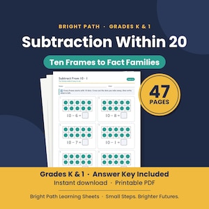 Può includere: Un set di 47 pagine di schede didattiche PDF stampabili intitolato Subtraction Within 20. Le pagine presentano problemi di matematica con cornici da dieci per i gradi K e 1, incluse equazioni di sottrazione con punti color verde acqua e caselle vuote.