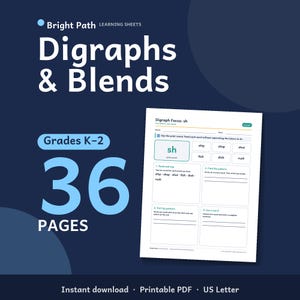 May include: A set of 36 Bright Path learning sheets for grades K-2, focusing on Digraphs & Blends. The printable PDF features a white worksheet with the title Digraph Focus: sh, including exercises to read, find patterns, sort, and use words.