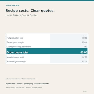Calculadora de costos de recetas de panadería casera en hoja de cálculo de Excel / Costos de ingredientes, precios por lote y cotización de pedidos