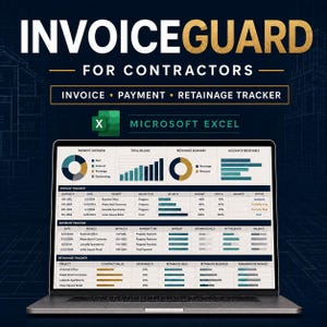 May include: A laptop screen displaying the InvoiceGuard for Contractors Microsoft Excel spreadsheet. The interface features sections for Invoice, Payment, and Retainage Tracker with various charts, graphs, and data tables tracking billing, payments, and project balances.