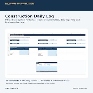 Puede incluir: Un sistema digital de registro diario de construcción en Excel de Fieldguard para contratistas. La interfaz muestra un panel con métricas para días de informe, horas hombre, horas de retraso, problemas abiertos, entregas y referencias fotográficas.