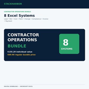 Contractor Excel Bundle, 8 Construction Business Templates for Bids, Costs, Daily Logs, Changes, Invoices & Payments